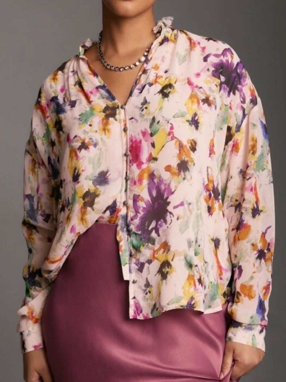 Pilcro Anthropologie Tavi Pink Floral Watercolor Button-Down Blouse NWT